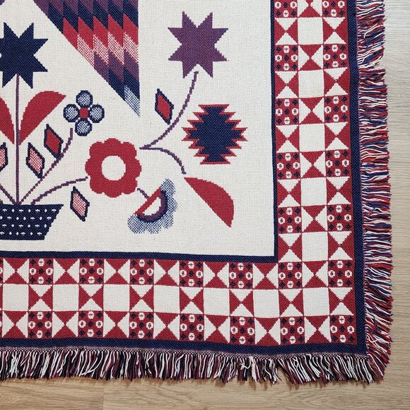 Woven Blanket Wall Hanging Patriotic Red White Blue Fringed Flowers Patchwork - Picture 5 of 14